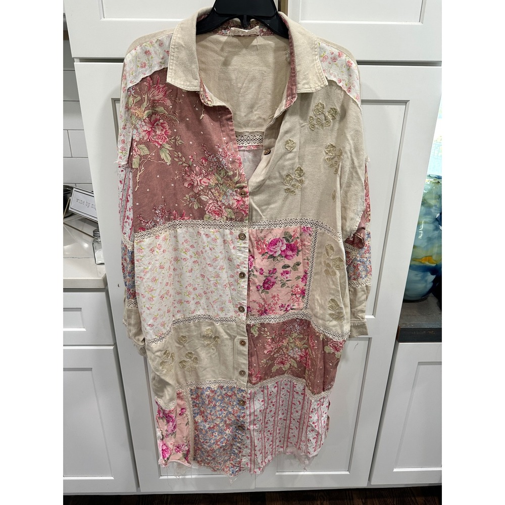 Oli & Hali Floral Patchwork Lace Tunic Shirt Duster Oversized Boho Button Down S